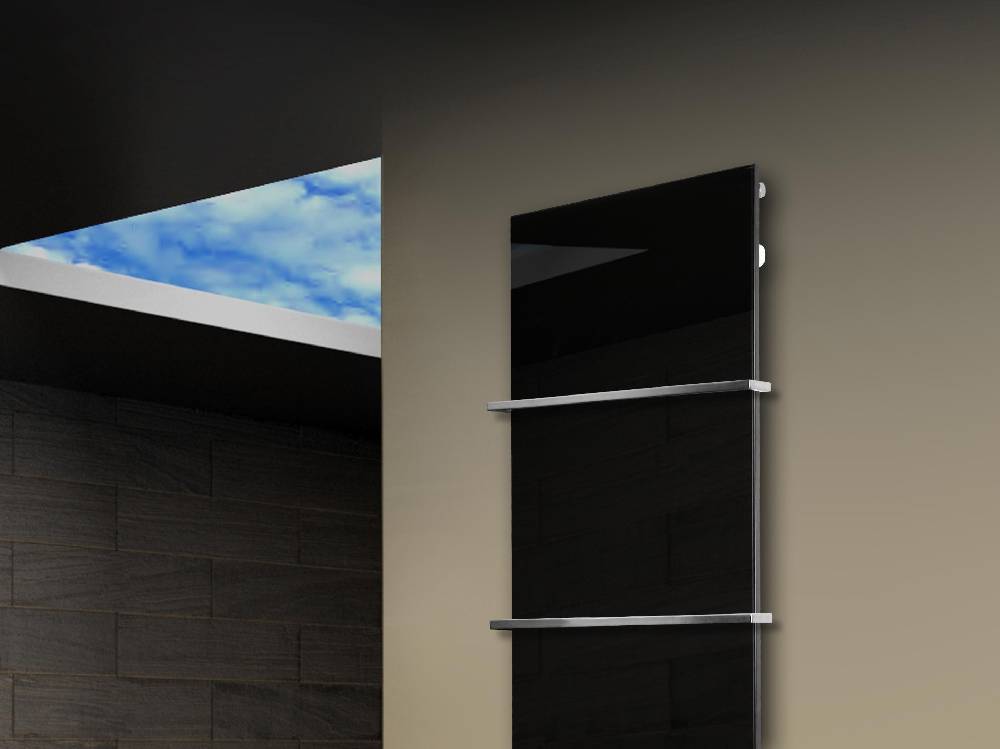 Szagato Badheizkörper mit Glas Design Montevideo 3 Glasfront 180x47cm 1118 Watt schwarz (+2 Halter 15mm) SZAGATO Designheizkörper mit Mittelanschluss Auslauf