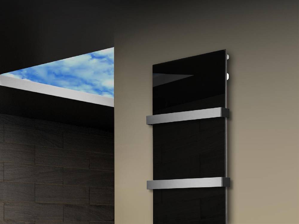 Szagato Badheizkörper mit Glas Design Montevideo 3 Glasfront 180x47cm 1118 Watt schwarz (+2 Halter 50mm) SZAGATO Designheizkörper mit Mittelanschluss Verkauf