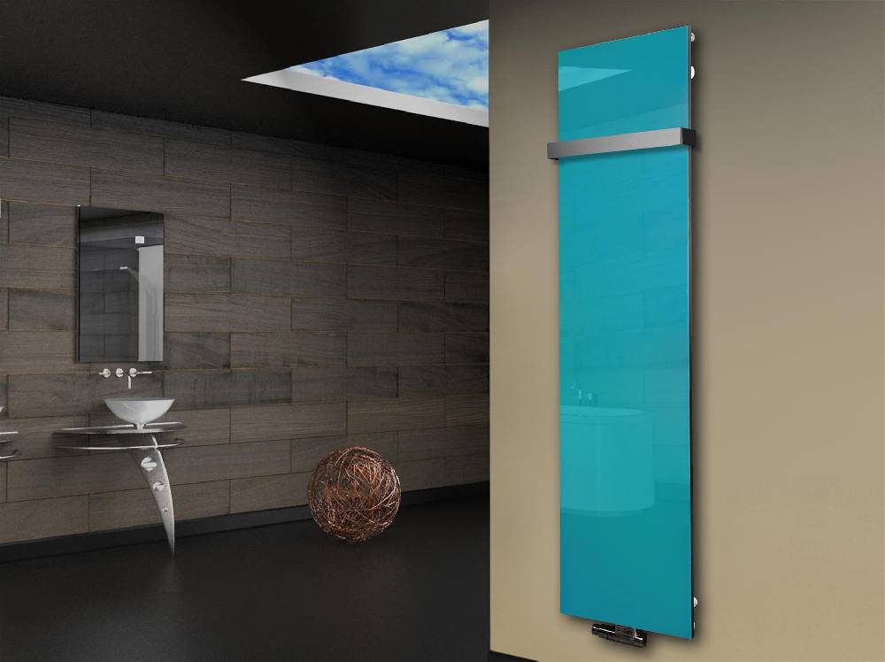 Szagato Badheizkörper mit Glas Design Montevideo 3 Glasfront 180x47cm 1118 Watt türkis +1 Halter 50mm SZAGATO Designheizkörper Mittelanschluss Handtuchwärmer