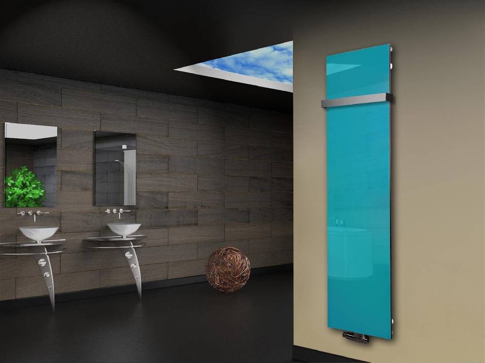 Szagato Badheizkörper mit Glas Design Montevideo 3 Glasfront 180x47cm 1118 Watt türkis +1 Halter 50mm SZAGATO Designheizkörper Mittelanschluss Handtuchwärmer im Angebot