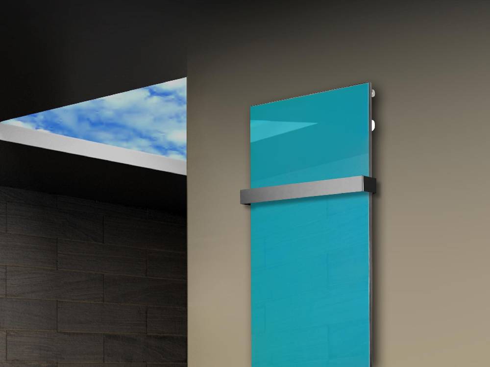 Szagato Badheizkörper mit Glas Design Montevideo 3 Glasfront 180x47cm 1118 Watt türkis +1 Halter 50mm SZAGATO Designheizkörper Mittelanschluss Handtuchwärmer im Angebot