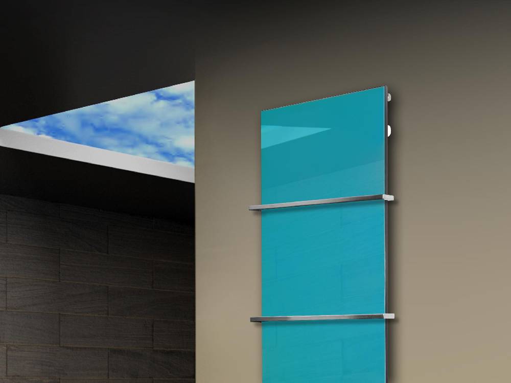 Szagato Badheizkörper mit Glas Design Montevideo 3 Glasfront 180x47cm 1118 Watt türkis +2 Halter 15mm SZAGATO Designheizkörper Mittelanschluss Handtuchwärmer Schlussverkauf