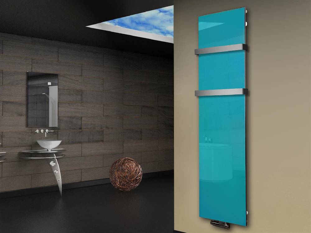 Szagato Badheizkörper mit Glas Design Montevideo 3 Glasfront 180x47cm 1118 Watt türkis +2 Halter 50mm SZAGATO Designheizkörper Mittelanschluss Handtuchwärmer