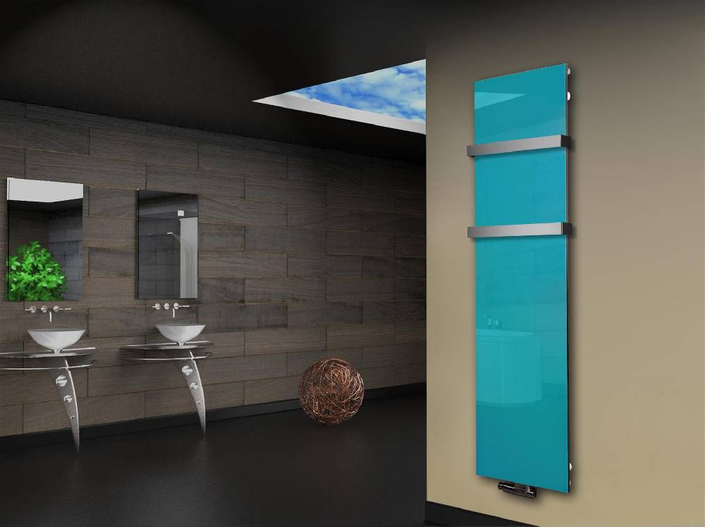 Szagato Badheizkörper mit Glas Design Montevideo 3 Glasfront 180x47cm 1118 Watt türkis +2 Halter 50mm SZAGATO Designheizkörper Mittelanschluss Handtuchwärmer Günstiger Verkauf
