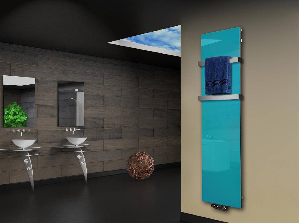 Szagato Badheizkörper mit Glas Design Montevideo 3 Glasfront 180x47cm 1118 Watt türkis +2 Halter 50mm SZAGATO Designheizkörper Mittelanschluss Handtuchwärmer Günstiger Verkauf