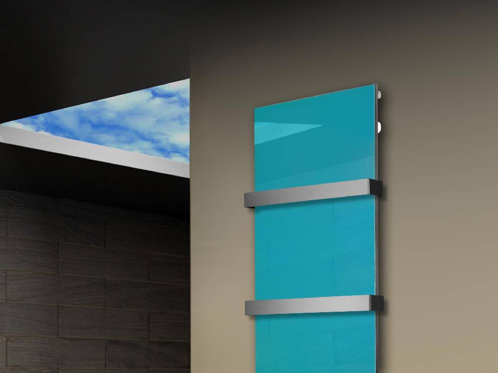 Szagato Badheizkörper mit Glas Design Montevideo 3 Glasfront 180x47cm 1118 Watt türkis +2 Halter 50mm SZAGATO Designheizkörper Mittelanschluss Handtuchwärmer Günstiger Verkauf