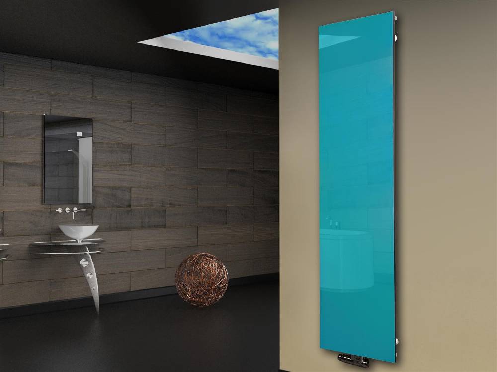 Szagato Badheizkörper mit Glas Design Montevideo 3 Glasfront 180x47cm 1118 Watt türkis SZAGATO Design Handtuchheizkörper mit Mittelanschluss Handtuchwärmer Fabrikverkauf