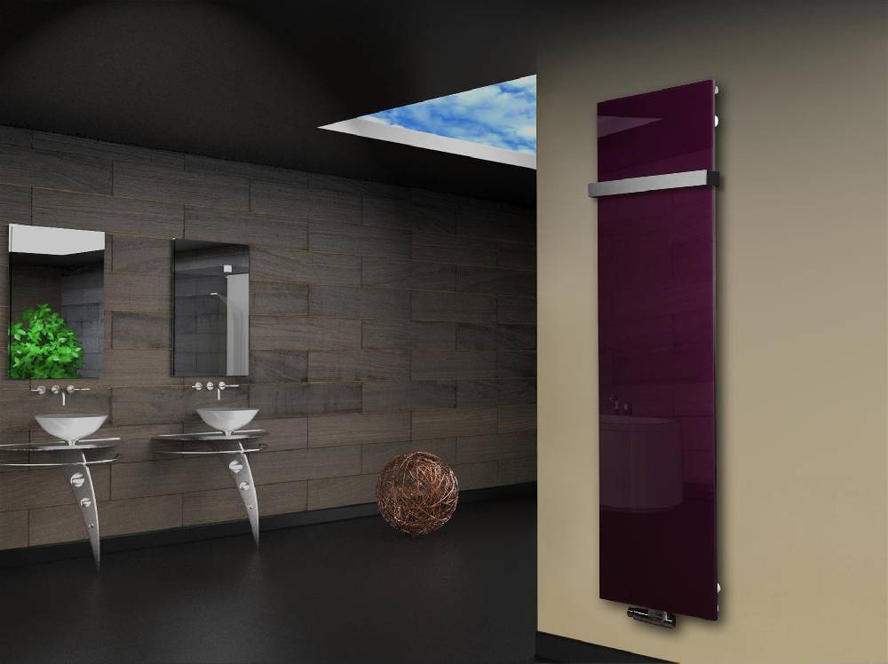 Szagato Badheizkörper mit Glas Design Montevideo 3 Glasfront 180x47cm 1118 Watt violett (+1 Halter 50mm) SZAGATO Designheizkörper mit Mittelanschluss Blitzverkäufe