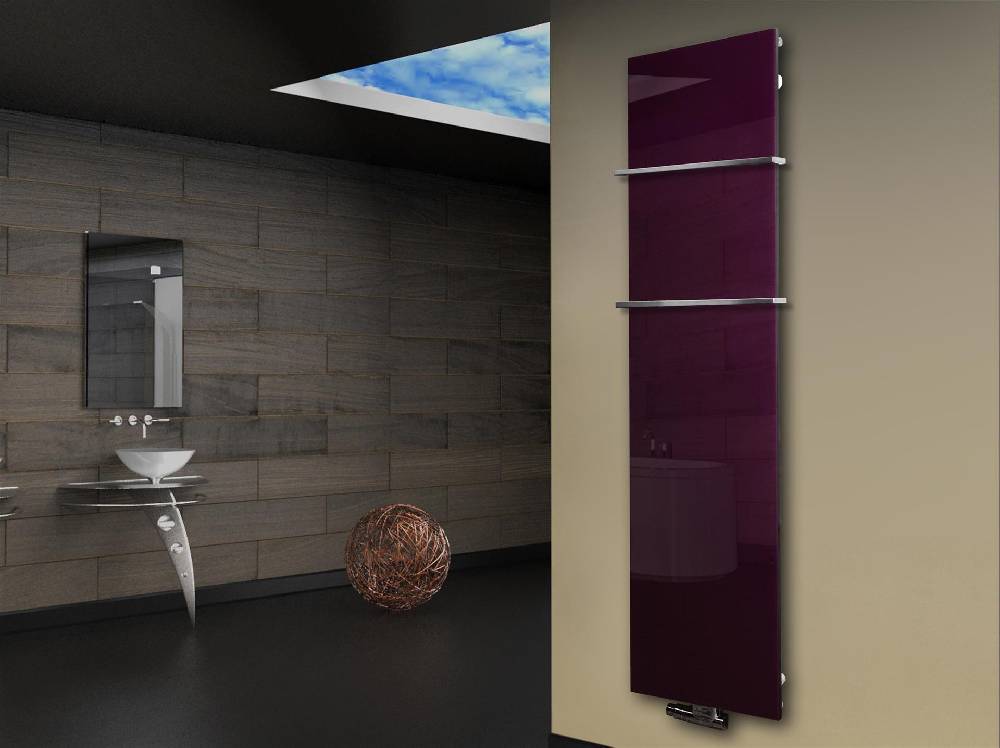Szagato Badheizkörper mit Glas Design Montevideo 3 Glasfront 180x47cm 1118 Watt violett (+2 Halter 15mm) SZAGATO Designheizkörper mit Mittelanschluss Kostenloser Versand