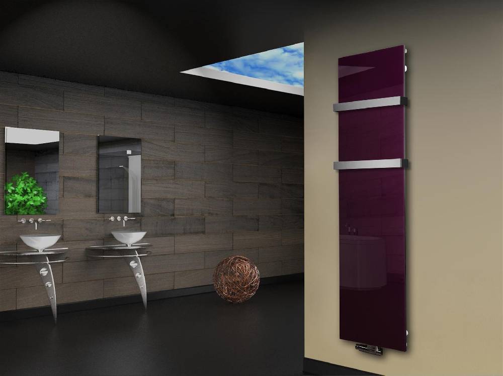 Szagato Badheizkörper mit Glas Design Montevideo 3 Glasfront 180x47cm 1118 Watt violett (+2 Halter 50mm) SZAGATO Designheizkörper mit Mittelanschluss Limitierter Zeitrabatt