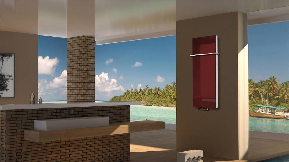 Szagato BADHEIZKÖRPER mit Glas Montevideo 5 Glasfront 120x47cm 1458 Watt rot +1 Halter 15mm SZAGATO Designheizkörper Handtuchheizkörper mit Mittelanschluss