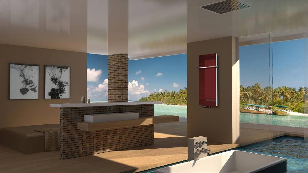 Szagato BADHEIZKÖRPER mit Glas Montevideo 5 Glasfront 120x47cm 1458 Watt rot +1 Halter 15mm SZAGATO Designheizkörper Handtuchheizkörper mit Mittelanschluss Begrenztes Angebot