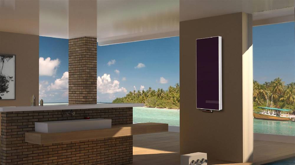 Szagato BADHEIZKÖRPER mit Glas Montevideo 5 Glasfront 120x47cm 1458 Watt violett SZAGATO Design Heizkörper Handtuchheizkörper Mittelanschluss Handtuchwärmer