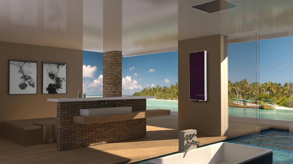 Szagato BADHEIZKÖRPER mit Glas Montevideo 5 Glasfront 120x47cm 1458 Watt violett SZAGATO Design Heizkörper Handtuchheizkörper Mittelanschluss Handtuchwärmer Preisnachlass