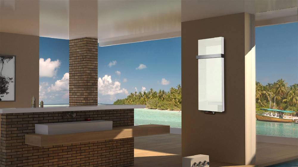 Szagato BADHEIZKÖRPER mit Glas Montevideo 5 Glasfront 120x47cm 1458 Watt weiß +1 Halter 50mm SZAGATO Designheizkörper Handtuchheizkörper mit Mittelanschluss