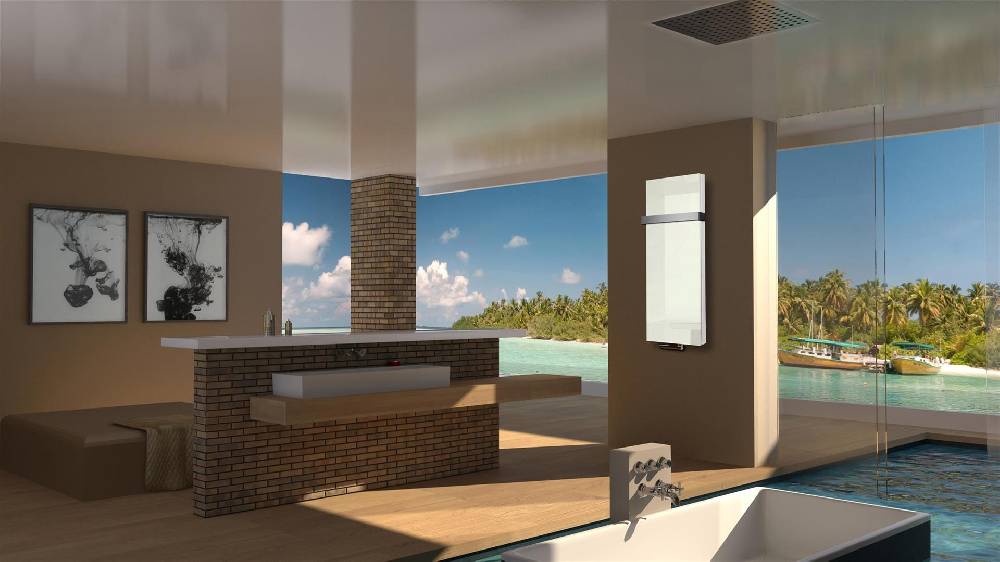 Szagato BADHEIZKÖRPER mit Glas Montevideo 5 Glasfront 120x47cm 1458 Watt weiß +1 Halter 50mm SZAGATO Designheizkörper Handtuchheizkörper mit Mittelanschluss Saisonschlussverkauf