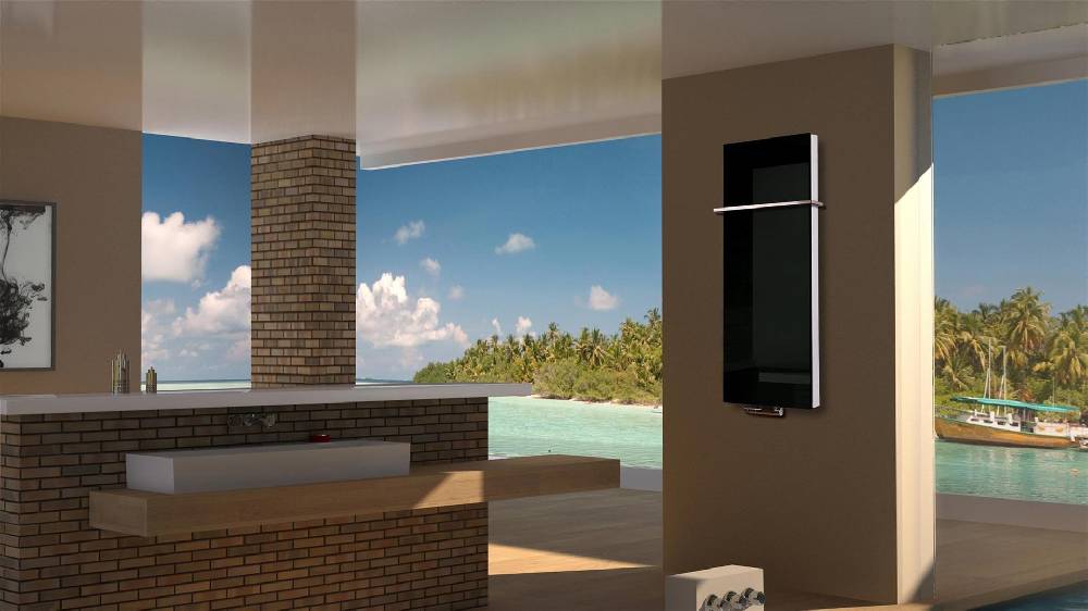 Szagato BADHEIZKÖRPER mit Glas Montevideo 5 Glasfront 120x47cm 1458Watt schwarz +1 Halter 15mm SZAGATO Designheizkörper Handtuchheizkörper Mittelanschluss