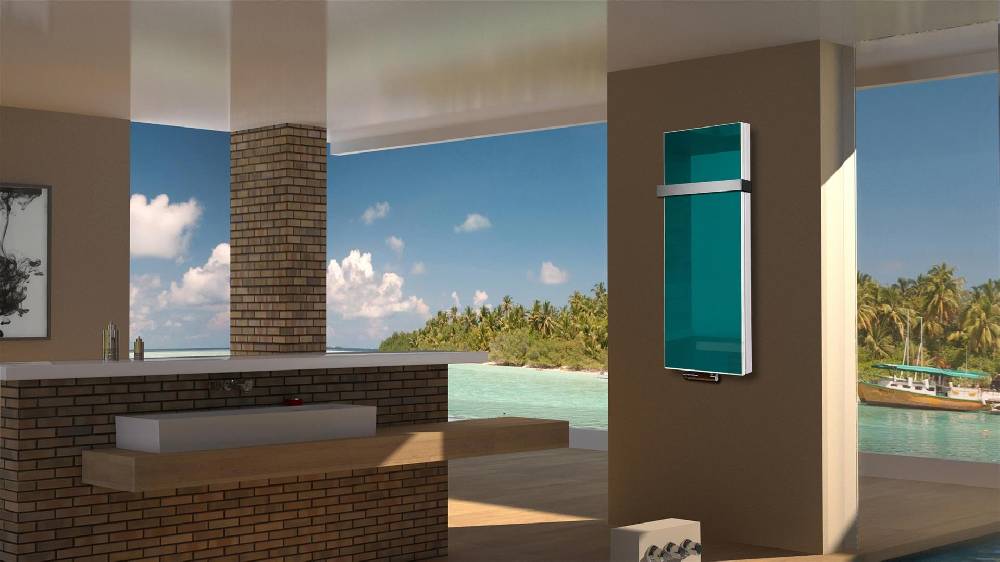 Szagato BADHEIZKÖRPER mit Glas Montevideo 5 Glasfront 120x47cm 1458Watt türkis +1 Halter 50mm SZAGATO Designheizkörper Handtuchheizkörper mit Mittelanschluss Weihnachtsangebot