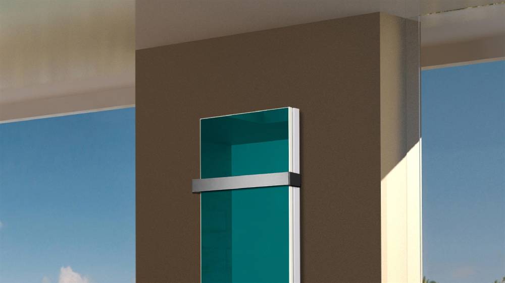 Szagato BADHEIZKÖRPER mit Glas Montevideo 5 Glasfront 120x47cm 1458Watt türkis +1 Halter 50mm SZAGATO Designheizkörper Handtuchheizkörper mit Mittelanschluss Weihnachtsangebot