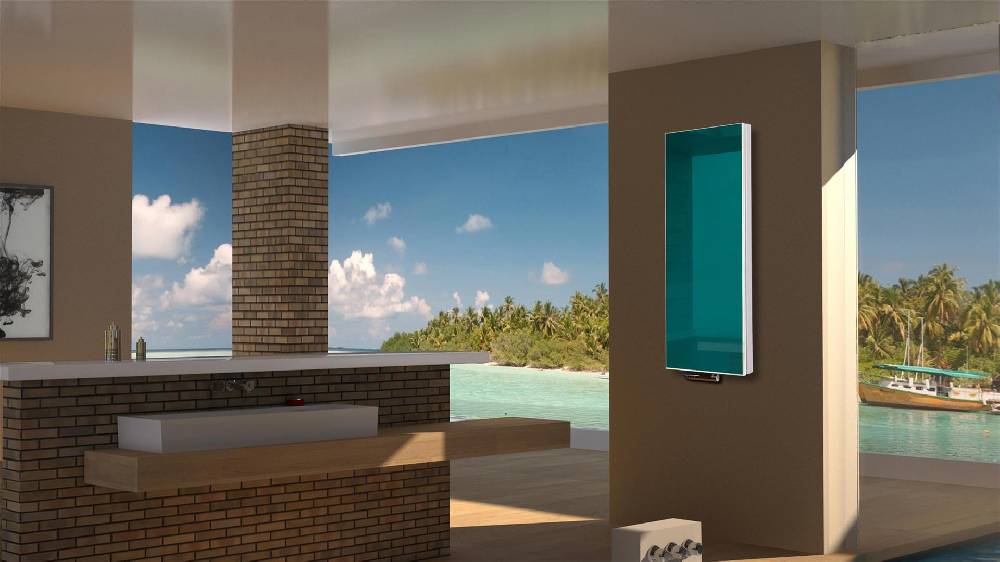 Szagato BADHEIZKÖRPER mit Glas Montevideo 5 Glasfront 120x47cm 1458Watt türkis SZAGATO Designheizkörper Handtuchheizkörper mit Mittelanschluss Handtuchwärmer