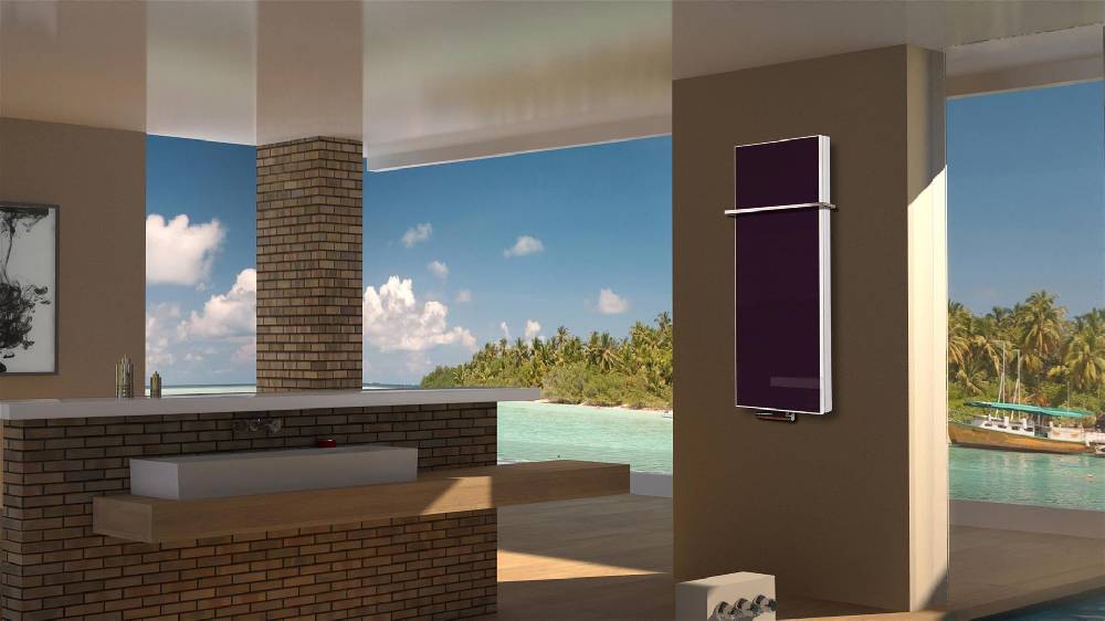 Szagato BADHEIZKÖRPER mit Glas Montevideo 5 Glasfront 120x47cm 1458Watt violett +1 Halter 15mm SZAGATO Designheizkörper Handtuchheizkörper Mittelanschluss