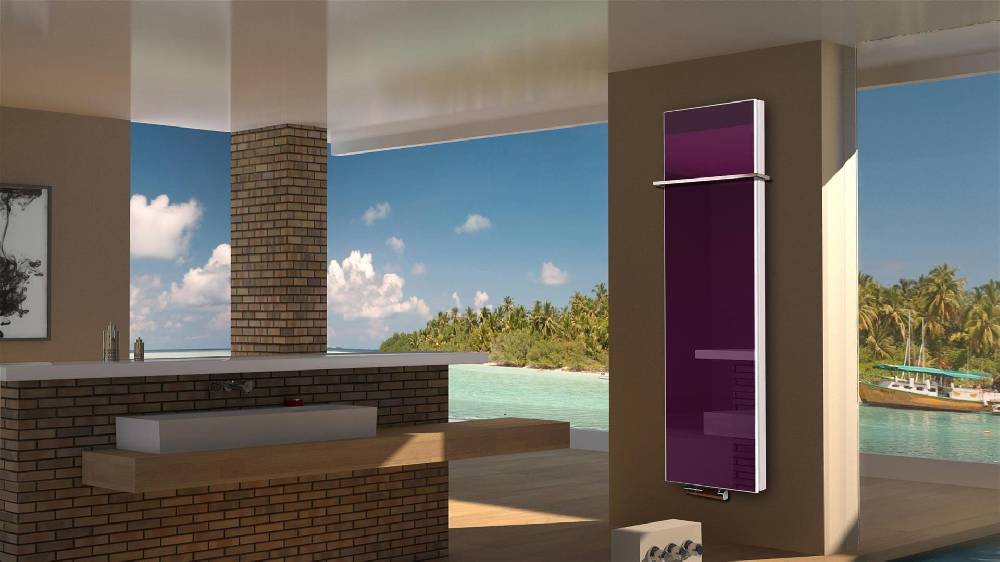 Szagato BADHEIZKÖRPER mit Glas Montevideo 6 Glasfront 180x47cm 1964 Watt violett +1 Halter 15mm SZAGATO Designheizkörper Handtuchheizkörper Mittelanschluss