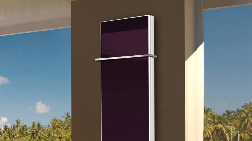 Szagato BADHEIZKÖRPER mit Glas Montevideo 6 Glasfront 180x47cm 1964 Watt violett +1 Halter 15mm SZAGATO Designheizkörper Handtuchheizkörper Mittelanschluss Neueste Mode