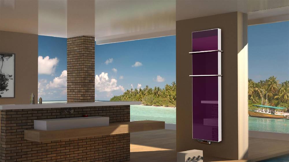 Szagato BADHEIZKÖRPER mit Glas Montevideo 6 Glasfront 180x47cm 1964 Watt violett +2 Halter 15mm SZAGATO Designheizkörper Handtuchheizkörper Mittelanschluss