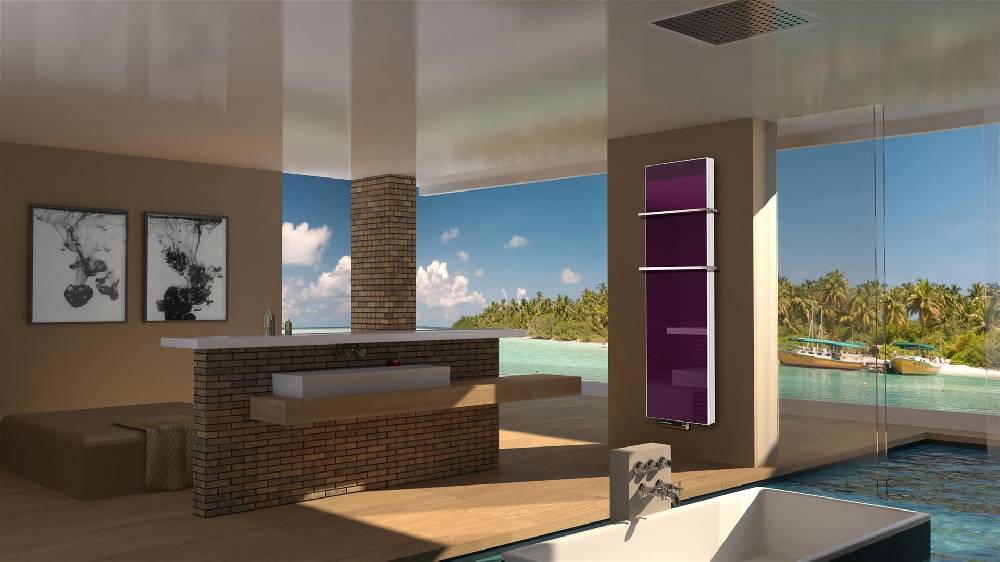 Szagato BADHEIZKÖRPER mit Glas Montevideo 6 Glasfront 180x47cm 1964 Watt violett +2 Halter 15mm SZAGATO Designheizkörper Handtuchheizkörper Mittelanschluss Online Outlet