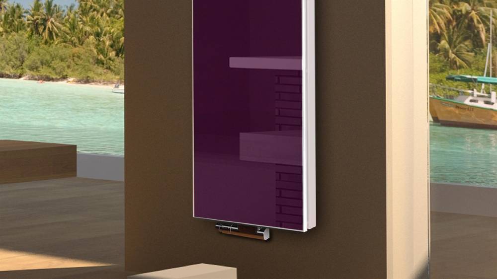 Szagato BADHEIZKÖRPER mit Glas Montevideo 6 Glasfront 180x47cm 1964 Watt violett +2 Halter 15mm SZAGATO Designheizkörper Handtuchheizkörper Mittelanschluss Online Outlet