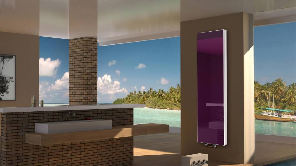 Szagato BADHEIZKÖRPER mit Glas Montevideo 6 Glasfront 180x47cm 1964 Watt violett SZAGATO Designheizkörper Handtuchheizkörper Mittelanschluss Handtuchwärmer