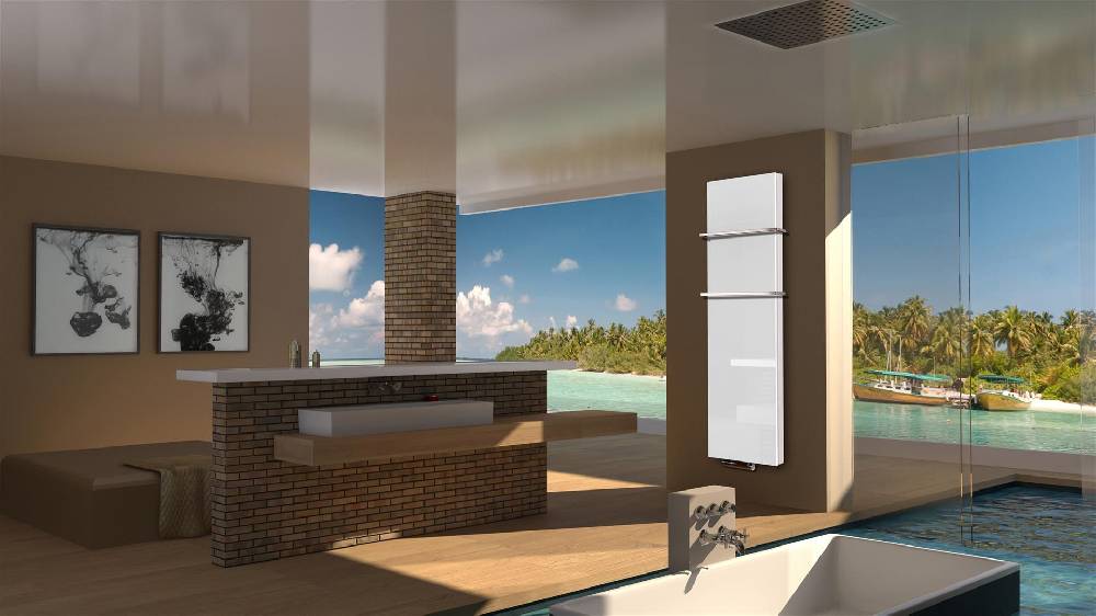 Szagato BADHEIZKÖRPER mit Glas Montevideo 6 Glasfront 180x47cm 1964 Watt weiß +2 Halter 15mm SZAGATO Designheizkörper Handtuchheizkörper mit Mittelanschluss Blitzangebot