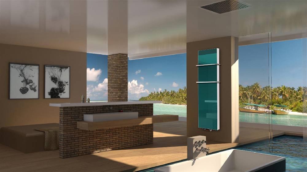 Szagato BADHEIZKÖRPER mit Glas Montevideo 6 Glasfront 180x47cm 1964Watt türkis +2 Halter 15mm SZAGATO Designheizkörper Handtuchheizkörper mit Mittelanschluss Bestseller