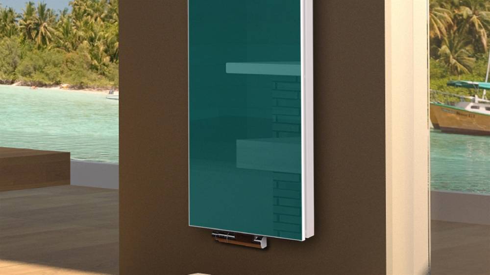 Szagato BADHEIZKÖRPER mit Glas Montevideo 6 Glasfront 180x47cm 1964Watt türkis +2 Halter 15mm SZAGATO Designheizkörper Handtuchheizkörper mit Mittelanschluss Bestseller