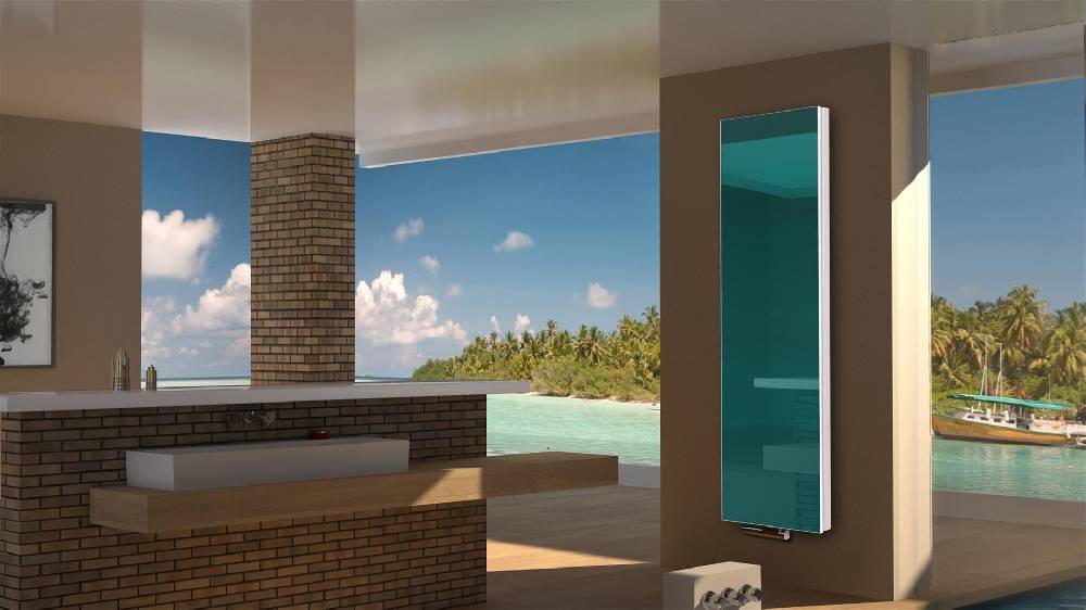 Szagato BADHEIZKÖRPER mit Glas Montevideo 6 Glasfront 180x47cm 1964Watt türkis SZAGATO Designheizkörper Handtuchheizkörper mit Mittelanschluss Handtuchwärmer