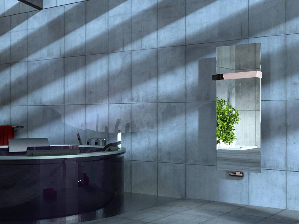 Szagato BADHEIZKÖRPER mit Spiegel Design Mirror 2 120x47cm 799 Watt Edelstahl 3D (+1 Halter glänzend 50mm) SZAGATO Heizkörper Mittelanschluss Handtuchwärmer