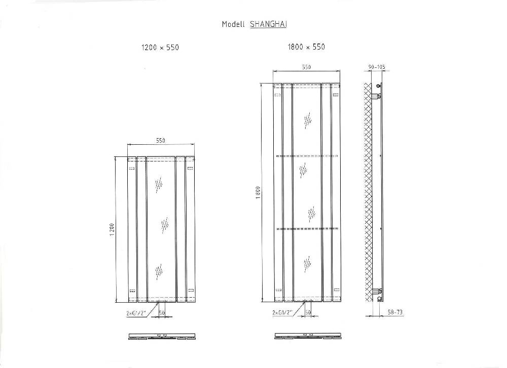 Szagato BADHEIZKÖRPER mit Spiegel Design Shanghai 3 180x55cm 819 W. Edelstahloptik SZAGATO Designheizkörper Handtuchheizkörper Mittelanschluss Handtuchwärmer Auslauf