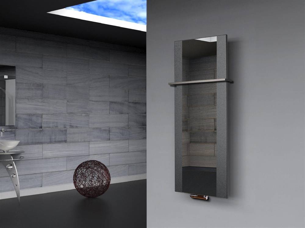 Szagato BADHEIZKÖRPER mit Spiegel Design Singapur 2 120x47cm 799 Watt anthrazit - moon (+1 Halter 15mm) SZAGATO Designheizkörper mit Mittelanschluss