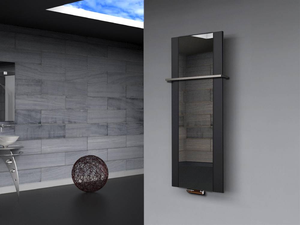 Szagato BADHEIZKÖRPER mit Spiegel Design Singapur 2 120x47cm 799 Watt schwarz (+1 Halter 15mm) SZAGATO Designheizkörper mit Mittelanschluss Handtuchwärmer