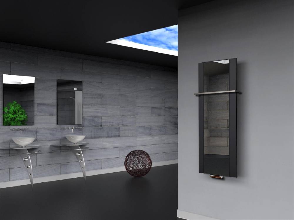 Szagato BADHEIZKÖRPER mit Spiegel Design Singapur 2 120x47cm 799 Watt schwarz (+1 Halter 15mm) SZAGATO Designheizkörper mit Mittelanschluss Handtuchwärmer Kostenloser Versand