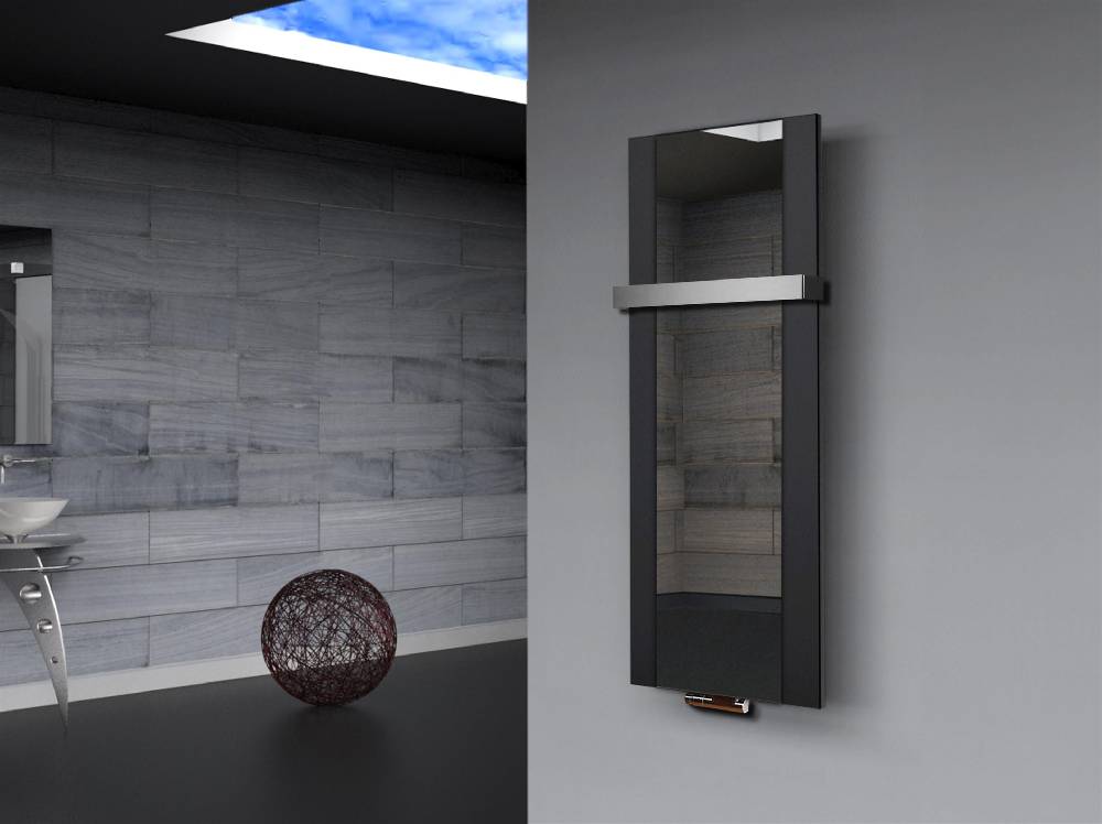 Szagato BADHEIZKÖRPER mit Spiegel Design Singapur 2 120x47cm 799 Watt schwarz (+1 Halter 50mm) SZAGATO Designheizkörper mit Mittelanschluss Handtuchwärmer