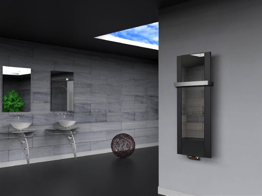 Szagato BADHEIZKÖRPER mit Spiegel Design Singapur 2 120x47cm 799 Watt schwarz (+1 Halter 50mm) SZAGATO Designheizkörper mit Mittelanschluss Handtuchwärmer Limitierter Zeitrabatt