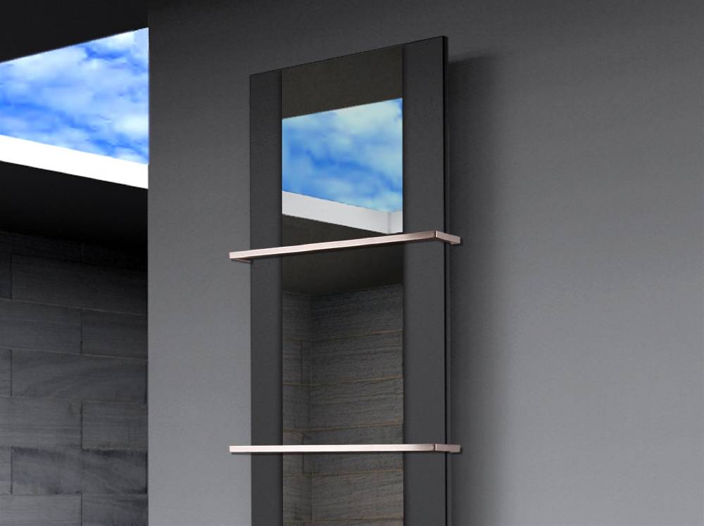 Szagato BADHEIZKÖRPER mit Spiegel Design Singapur 3 180x47cm 1118 Watt schwarz (+2 Halter 15mm) SZAGATO Designheizkörper mit Mittelanschluss Handtuchwärmer Osterangebot