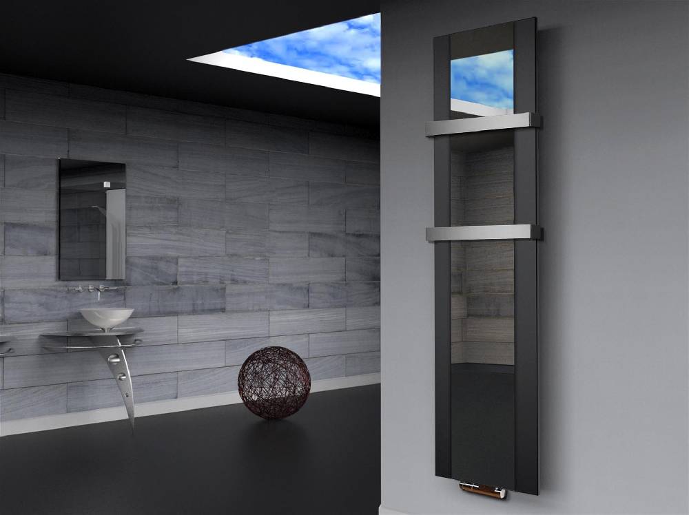 Szagato BADHEIZKÖRPER mit Spiegel Design Singapur 3 180x47cm 1118 Watt schwarz (+2 Halter 50mm) SZAGATO Designheizkörper mit Mittelanschluss Handtuchwärmer Muttertagsangebot