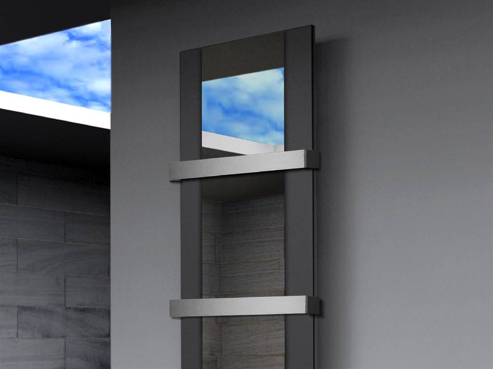 Szagato BADHEIZKÖRPER mit Spiegel Design Singapur 3 180x47cm 1118 Watt schwarz (+2 Halter 50mm) SZAGATO Designheizkörper mit Mittelanschluss Handtuchwärmer Muttertagsangebot