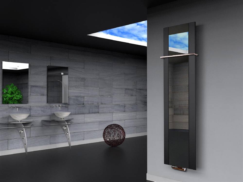 Szagato BADHEIZKÖRPER mit Spiegel Design Singapur 3 180x47cm 1118 Watt schwarz (+1 Halter 15mm) SZAGATO Designheizkörper Mittelanschluss Handtuchwärmer Vatertagsangebot