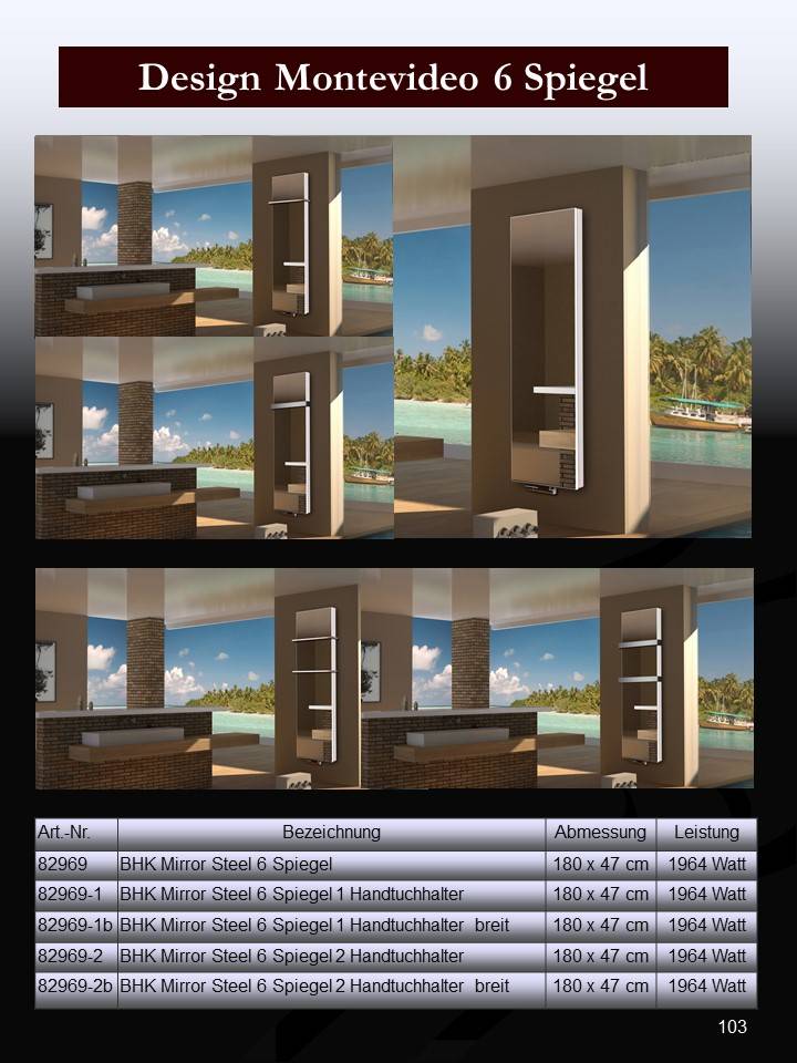 Szagato BADHEIZKÖRPER mit Spiegel Montevideo 6 180x47cm 1964 Watt Spiegel SZAGATO Designheizkörper Handtuchheizkörper mit Mittelanschluss Handtuchwärmer Räumungsverkauf