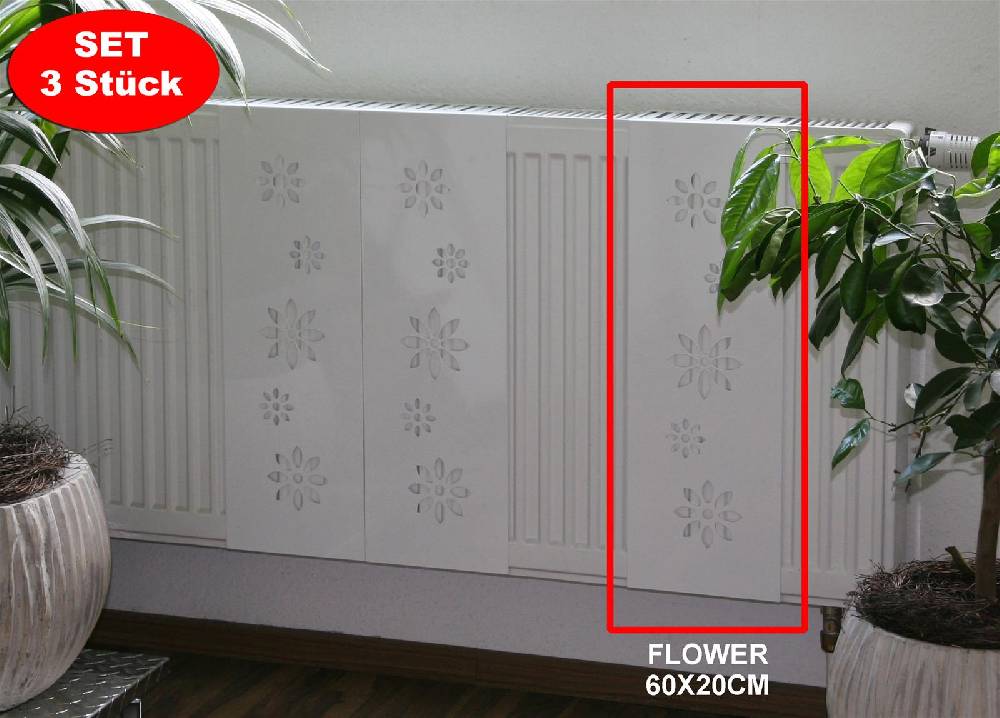 Szagato Heizkörperverkleidung 60 x 20cm Design Flower weiß (SET=3 Stück) SZAGATO Heizungsverkleidung Verkleidung Heizkörper Abdeckung für Heizkörper Kostenloser Versand