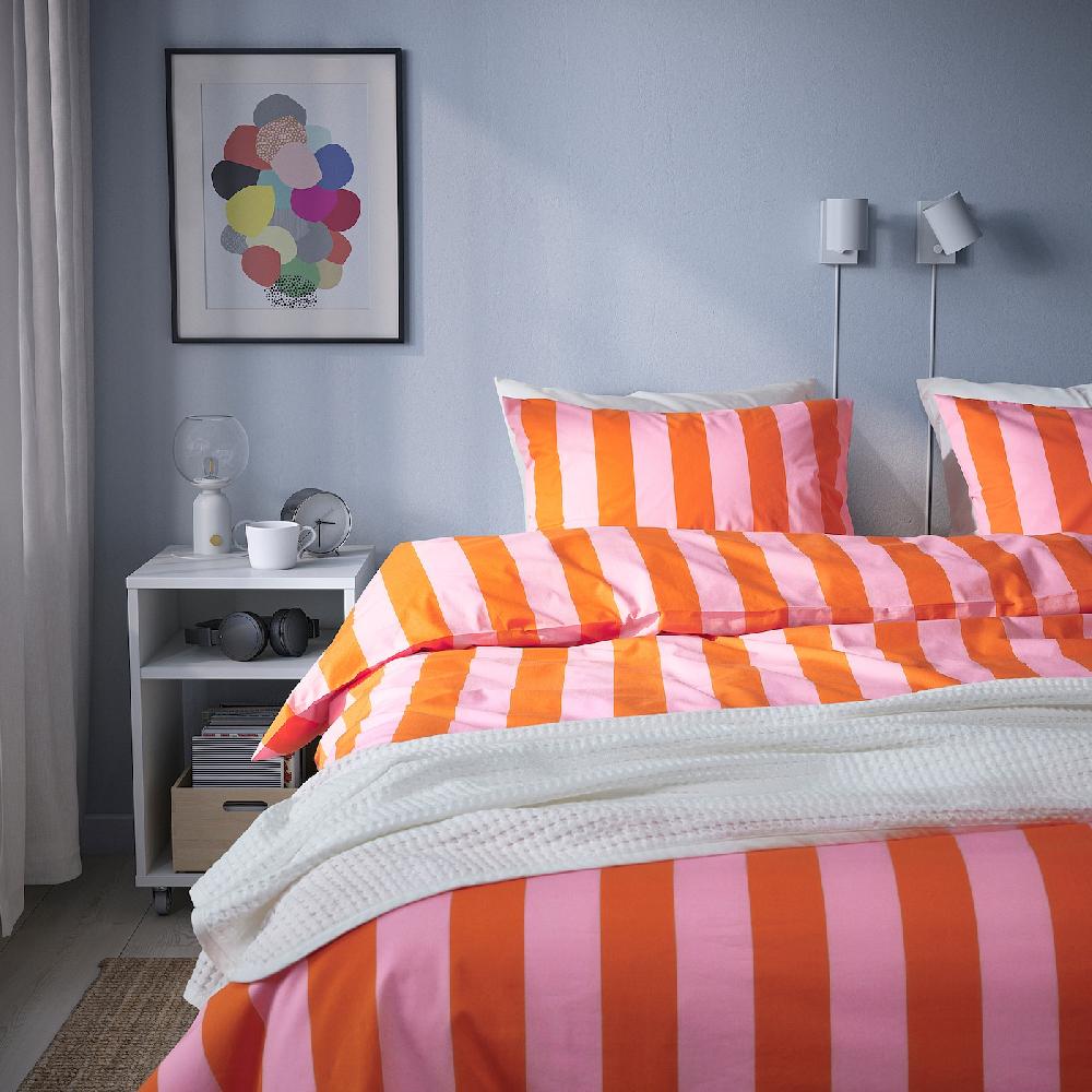 IKEA SLÅNHÖSTMAL Bettwäsche-Set 2-teilig orange/rosa/gestreift 140x200/80x80 cm Preisnachlass