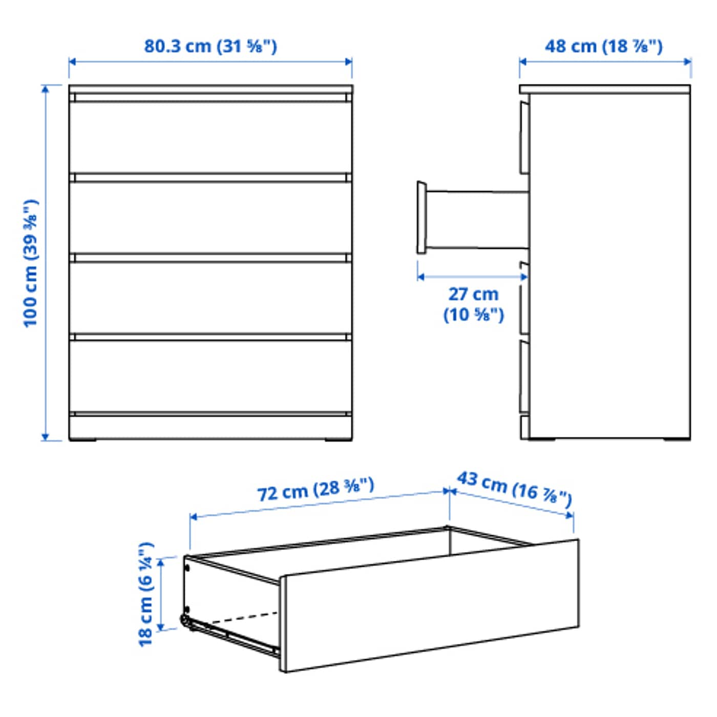 IKEA MALM Kommode mit 4 Schubladen weiß 80x100 cm Exklusive Angebote